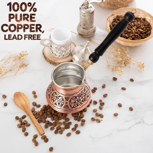 Vista 5 de Cafetera turca griega árabe de cobre de 12 onzas con mango de madera (4 tazas), Cezve, Ibrik, cafetera griega Briki, cafetera turca martillada
