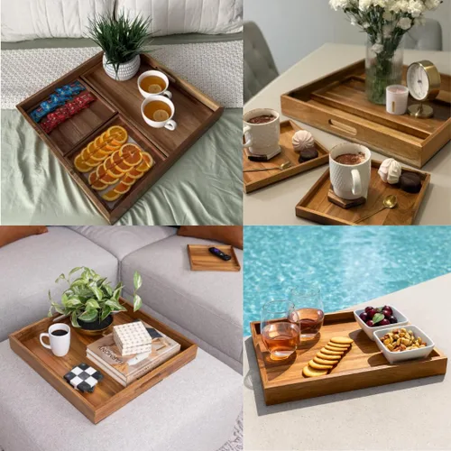 Vista 9 de Bandeja otomana grande de 20 pulgadas cuadrada. Bandeja de servir premium de madera de acacia para sala de estar, otomano, cocina o como bandeja