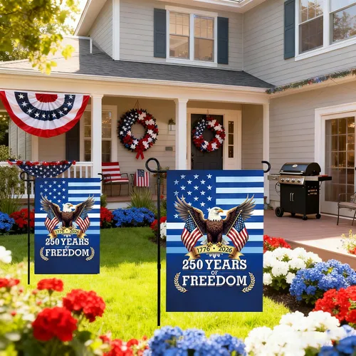 Vista 5 de Bandera de jardín de Estados Unidos del 250 aniversario, diseño de águila patriótica de doble cara con banderas estadounidenses, pancarta