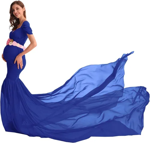 Vista 3 de AYMENII Vestido de maternidad de gasa con hombros descubiertos y tren largo, vestido de fotografía para boda, fiesta, fotos, vestido de baby shower