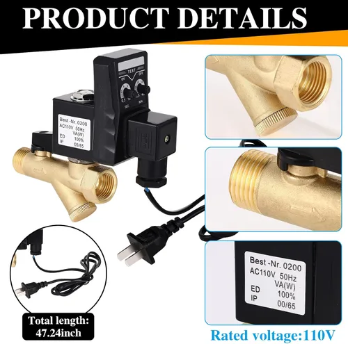 Vista 3 de Bonuci Kit de válvula de drenaje electrónica automática, válvula de agua de drenaje de tanque cronometrada de 110 V para aire comprimido