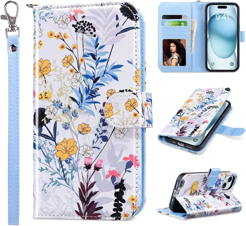 Vista 10 de ULAK Funda tipo billetera compatible con iPhone 15 para mujeres, funda tipo cartera con estampado floral de piel PU premium con porta tarjetas