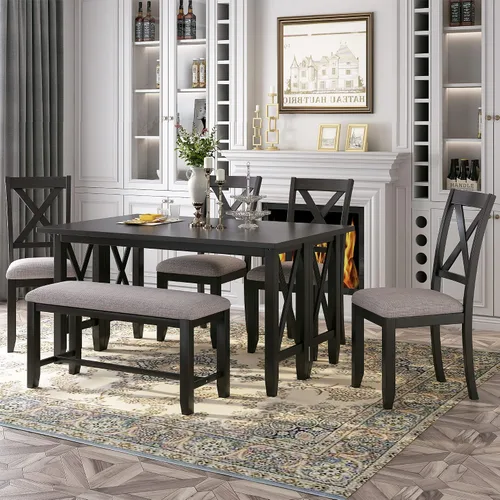 Vista 16 de Juego de mesa de comedor de madera de 6 piezas, juego de mesa de cocina con rectangular, juego de mesa de comedor con banco tapizado y 4 sillas
