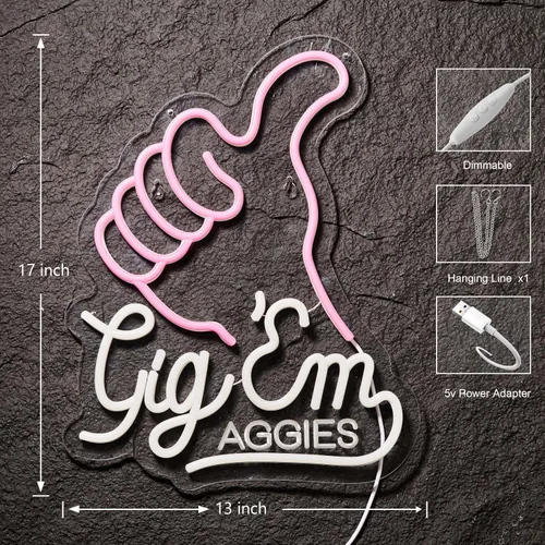 Vista 3 de ZODZ Gig EM Aggies Texas - Letrero de neón para decoración de pared, Gig EM Texas con luz LED de neón regulable (rosa y blanco)