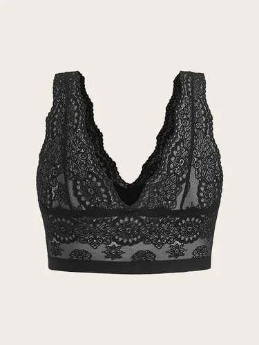 Vista 2 de OYOANGLE Sujetador sin aros de encaje floral de talla grande para mujer, con cuello en V, cobertura completa