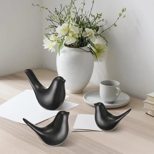 Vista 4 de Irenare Juego de 3 figuras decorativas de pájaro, estatua de pájaro de cerámica, pequeñas figuras modernas, decoración del hogar, adornos Negro
