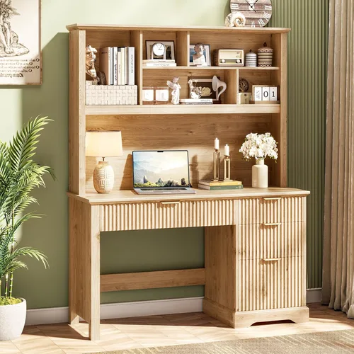 Vista 12 de Vabches Escritorio ejecutivo acanalado con cajones, escritorio de madera para computadora con amplio cajón de archivos, escritorio de oficina