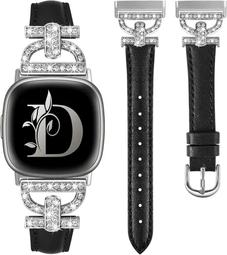 Vista 12 de Minyee Correas de cuero compatibles con Fitbit Versa 4/Versa 3/Sense 2/Sense Band para mujer, correa de cuero delgada elegante con diamantes