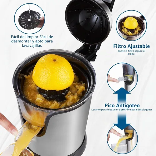 Vista 6 de JUSANTE Exprimidor de cítricos, máquina de exprimidor de naranja, Exprimidor de pomelo de lima manos libres de acero inoxidable, Exprimidor