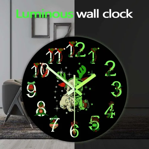 Vista 3 de The Geeky Days Reloj que brilla en la oscuridad, adorno de Navidad Pug funciona con pilas, reloj de pared luminoso de cuarzo silencioso con diseño