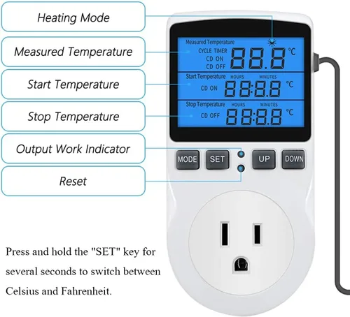 Vista 2 de Controlador de temperatura digital retroiluminado, pantalla LCD, termostato de refrigeración de calefacción, enchufe de salida con sensor regulador