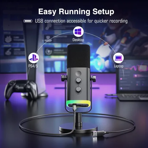 Vista 3 de FIFINE Micrófono XLRUSB y auriculares para videojuegos, grabación de computadora, micrófono de transmisión con botón de silencio, RGB, auriculares