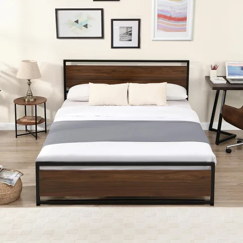 Vista 3 de Base de cama de metal de tamaño matrimonial con cabecera y estribo de madera, base de cama de plataforma resistente con almacenamiento, base