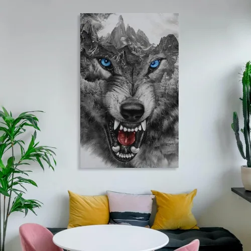 Vista 6 de Rucatto Póster de animales en blanco y negro con cabeza de lobo enojado salvaje y ojos azules, impresiones artísticas en lienzo para decoración