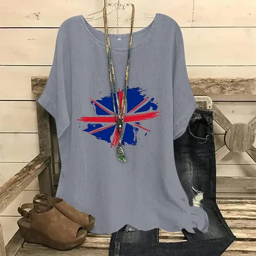 Vista 2 de ZZWXWA Shirts for Women Trendy Short Sleeve Tunic Blouse Cotton Linen Loose Tops Printed Independence Day Crew-Neck T-Shirt