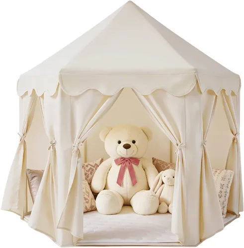 Vista 12 de Sumbababy - Tienda de campaña de castillo de princesa para niñas, de juego, hexagonal, azul, con luces de estrella de hadas, juguetes para niños