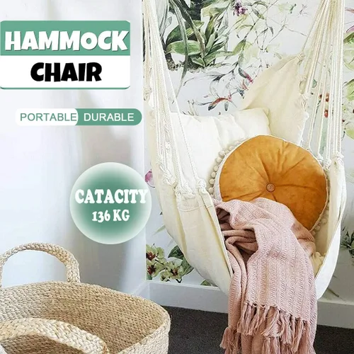 Vista 3 de Silla hamaca colgante de cuerda para interiores y exteriores, columpio de hamaca de tejido de algodón resistente, máximo 300 libras