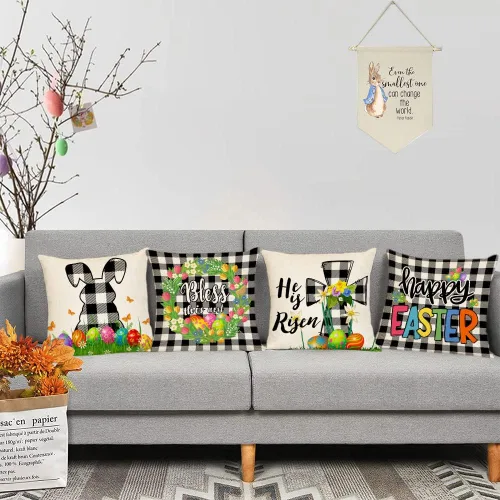 Vista 6 de Juego de 4 fundas de almohada de Pascua de 18 x 18 pulgadas, fundas de almohada decorativas de primavera, fundas de cojín para decoración de sofá al