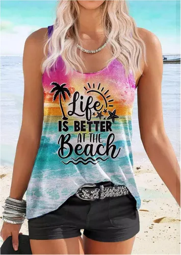 Vista 2 de Sun Sand and in My Hand - Camiseta sin mangas para mujer, diseño de verano hawaiano, playa, camiseta sin mangas, linda camiseta sin mangas