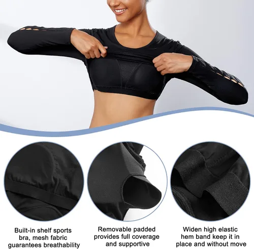Vista 3 de TrainingGirl Camisetas cortas de entrenamiento para mujer, manga larga, espalda abierta, camisetas de yoga, ajustadas, para gimnasio, atléticas