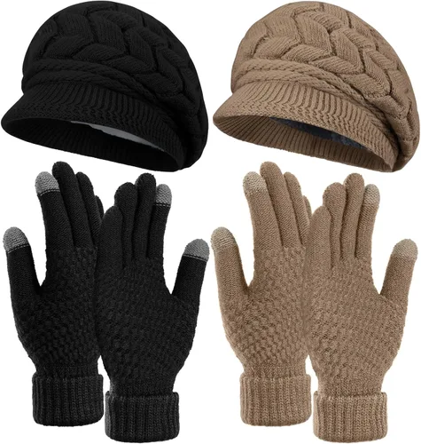 Vista 17 de SATINIOR Juego de 4 gorros y guantes de invierno para mujer, gorro de punto cálido, gorro de esquí de nieve con visera y guante para pantalla rojo