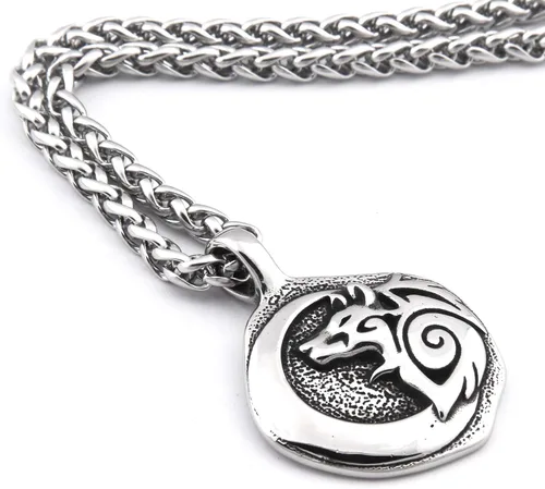 Vista 4 de BAVIPOWER Colgante de cabeza de lobo vikingo Fenrir de acero inoxidable, collar nórdico, potente joyería pagana para hombres y mujeres, protección