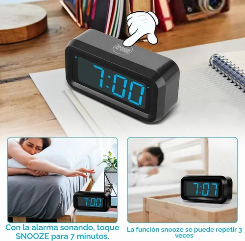 Vista 5 de KWANWA Reloj Despertador, Reloj Digital, Pantalla Constantemente de Dígitos LED Azules de 1.2'', Funciona con Baterías, Repetición, Reloj de Pared