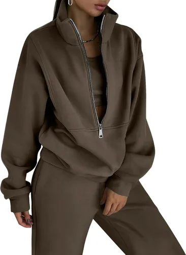 Vista 9 de COZYPOIN Conjunto deportivo de 2 piezas para mujer, sudadera de forro polar con cremallera media y pantalones de chándal de forro polar