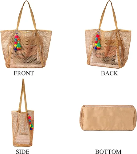 Vista 4 de Hibala Bolsa de playa grande para la playa, bolso de hombro tejido con borla con bolsillos para vacaciones familiares en la playa