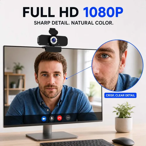 Vista 2 de Cámara Web 1080P para Computadora/Laptop/Escritorio/PC, Cámara Externa con Micrófono, USB Plug&Play, Corrección Automática de Baja Luz, Cubierta