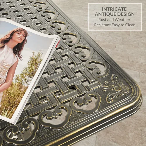 Vista 6 de VIVIJASON Mesa rectangular de comedor para patio al aire libre, mesa de patio grande rústica de aluminio fundido de bronce con agujero para paraguas