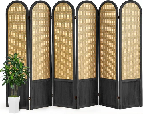 Vista 8 de 3 Panel Rattan Room Divider, Arched Room Divider Screen, Black