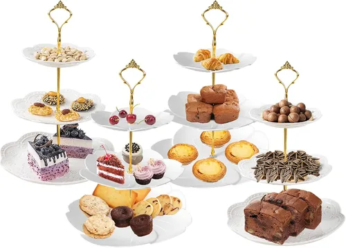 Vista 9 de 3 soportes cuadrados blancos para tartas de 3 niveles, bandeja de servir de 3 niveles, soporte para cupcakes, soporte de postre, decoración de mesa