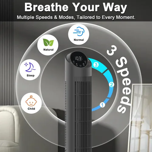 Vista 3 de hykolity Ventilador de torre para dormitorio, ventilador oscilante de 90°, ventilador de piso ultra silencioso de 28 dB con control remoto