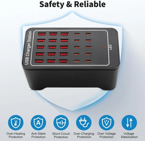 Vista 4 de Bloque de Cargador USB C, 125W (25A) 25 Puertos (15 USB A y 10 USB C) Estación de Carga Múltiple, Cargador de Pared de Escritorio Compatible