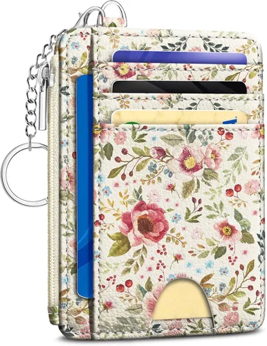 Vista 17 de Kelvoris Tarjetero pequeño para mujer, cartera delgada con bloqueo RFID, llavero con bolsillo para monedas con cremallera, bolsillo frontal