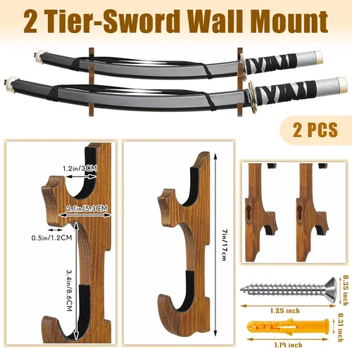 Vista 2 de Chunful 2 soportes de pared de samurái de espada Katana, 2 niveles, ámbar Soporte para katana de espada, soporte horizontal de espada, soporte