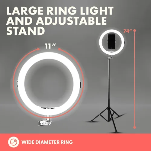 Vista 5 de SQUATZ Anillo de luz LED de 11 pulgadas para selfie de 12 W con control por cable, 3 modos de color, 10 niveles de brillo, soporte de trípode con 6