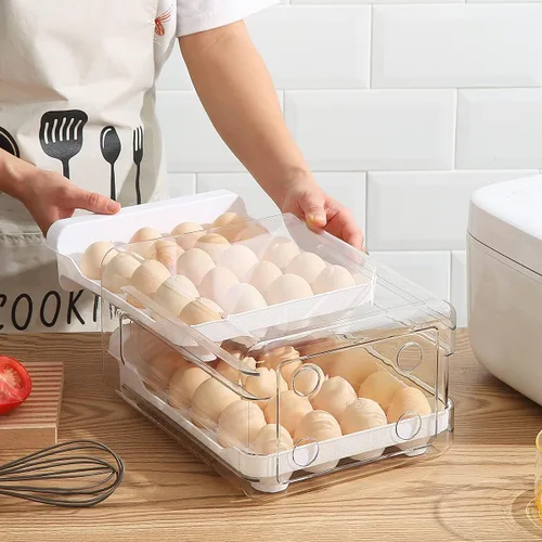 Vista 3 de HOMQUEN Soporte para huevos, plástico transparente, bandeja para huevos de 2 capas/40 rejillas y caja de almacenamiento fresca para refrigerador