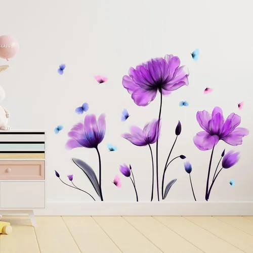 Vista 2 de Pegatina de pared de flores, diseño floral morado, calcomanías de pared de mariposa extraíbles, autoadhesivas, mural para guardería, dormitorio Flor