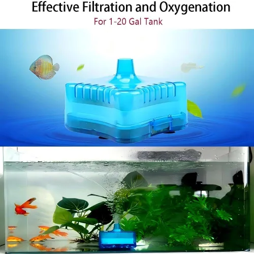 Vista 2 de Filtro de esponja para acuario, filtro pequeño silencioso para acuarios de 1 a 20 galones, desmontable con carbón activado y piedra de aire azul