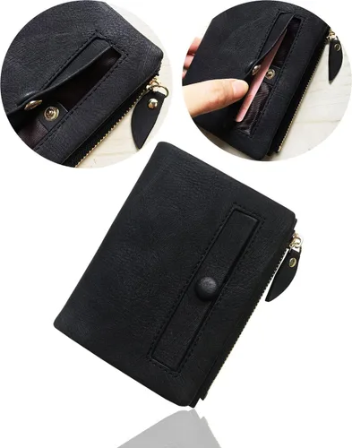 Vista 5 de PofeeXIO Carteras pequeñas Rfid para mujer, billetera plegable con bolsillo para monedas, mini monedero suave y compacto, Negro oscuro, Minimalista