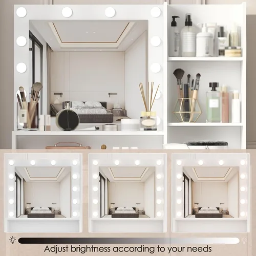 Vista 5 de Vanity Desk with Mirror & Light, Large Drawer Three Level Storage Dresser, 3 Lighting Modes Adjustable Brightness, Bedroom Dressing Table(White)