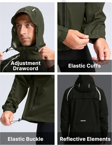 Vista 6 de Bikewa - Chaqueta de lluvia para hombre, impermeable, para ciclismo, con capucha, ligera, plegable, cortavientos para bicicleta, chaqueta de running