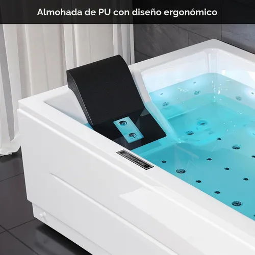 Vista 5 de Bañera de hidromasaje de 71 pulgadas, bañera independiente para 2 personas con 38 chorros, bañera de hidromasaje acrílica con iluminación LED croma