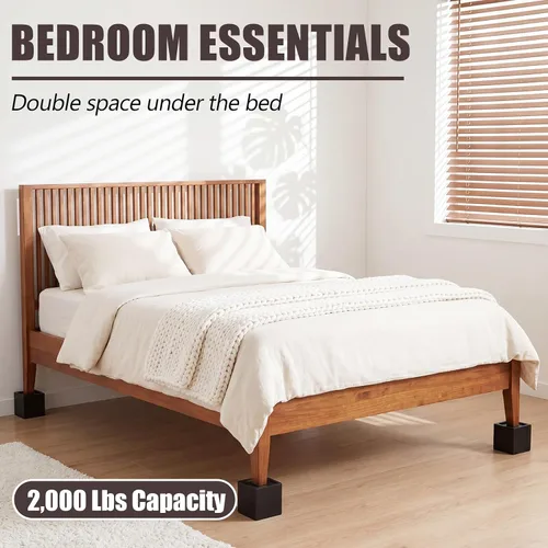 Vista 6 de Juego de 4 elevadores de muebles de cama de madera maciza de 4 pulgadas, elevadores de sofá cuadrados negros resistentes, bloques de madera marrón