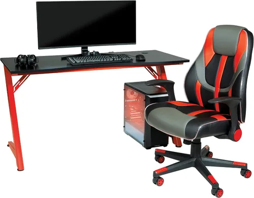 Vista 6 de OSP Home Furnishings Beta Battlestation - Escritorio para juegos con luces LED RGB Bluetooth, color rojo mate