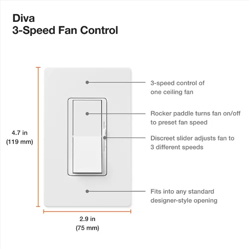 Vista 7 de Lutron Diva Control de ventilador de 3 velocidades, unipolar/3 vías, DVFSQ-F-WH, color blanco