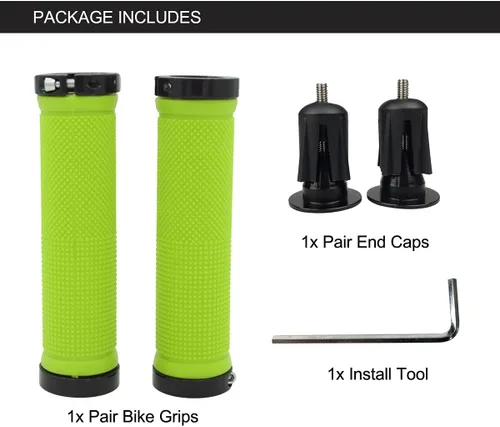 Vista 6 de PLATT - Puños de manillar de bicicleta con gomas de goma coloridas Puños de bicicleta cómodos para bicicletas BMX/MTB verde (Green+End Caps)