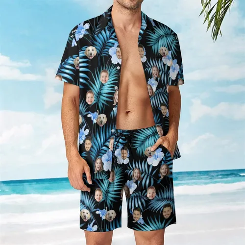 Vista 2 de Conjunto de camisa hawaiana personalizada para hombre, camisa de manga corta con botones y pantalones cortos, conjuntos casuales de vacaciones